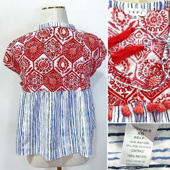 THML Red/Blue Boho Baby Doll Blouse XS - Picture 2 of 2